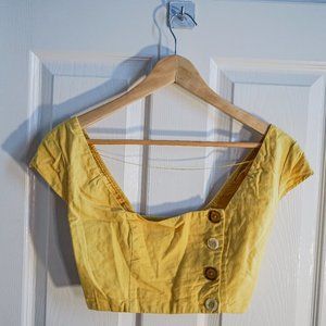 Urban Outfitters Lily Button Front Yellow Linen Cropped Top Fit Flare Skirt Set